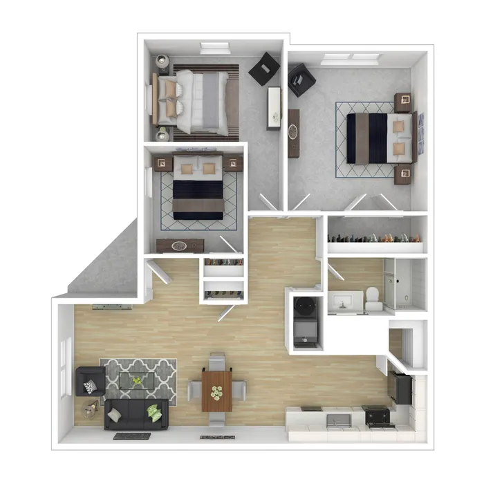 Modern 2D floor plan featuring 2 spacious bedrooms, a stylish open-concept living and dining area, sleek kitchen, walk-in closets, and a well-appointed bathroom.