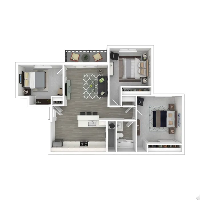 Modern 3D floor plan showcasing two spacious bedrooms, an open-concept living and dining area, sleek kitchen, and cozy balcony.