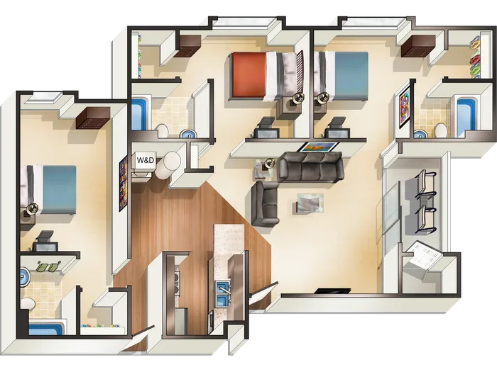 Modern 3-bedroom apartment floor plan with spacious living room, sleek open kitchen, and two elegant bathrooms, featuring a cozy dining area and convenient laundry space.