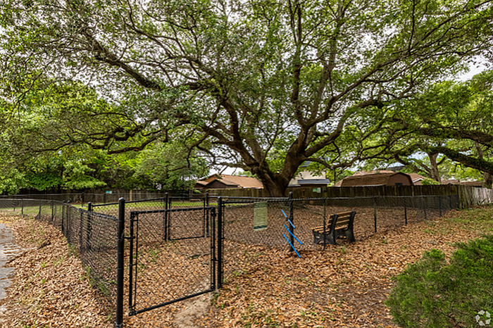 Charming outdoor space with a fenced area under a majestic sprawling tree, perfect for relaxation and nature lovers.
