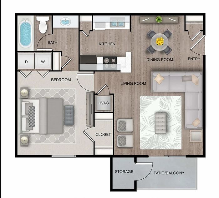 Modern 2D apartment floor plan showcasing one bedroom, one bath, open kitchen and dining area, spacious living room, and patio, totaling 700 sq ft.