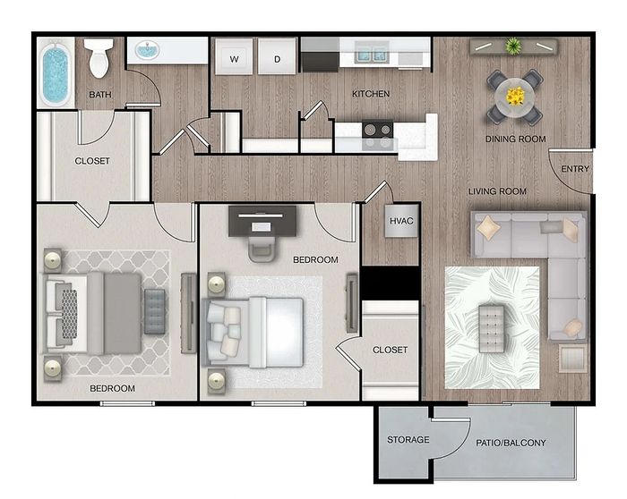 Modern floor plan highlighting two spacious bedrooms, a stylish kitchen, and an inviting living room with patio access. Total area of 1,010 sq ft, complete with dining space and ample storage.