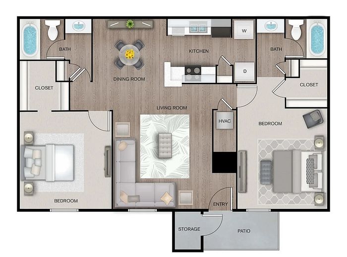 Elegant B3 floor plan showcasing two bedrooms, two baths, and a spacious 1,100 sq ft layout with a cozy dining room, inviting living room, and a modern kitchen, complemented by a storage area and patio.