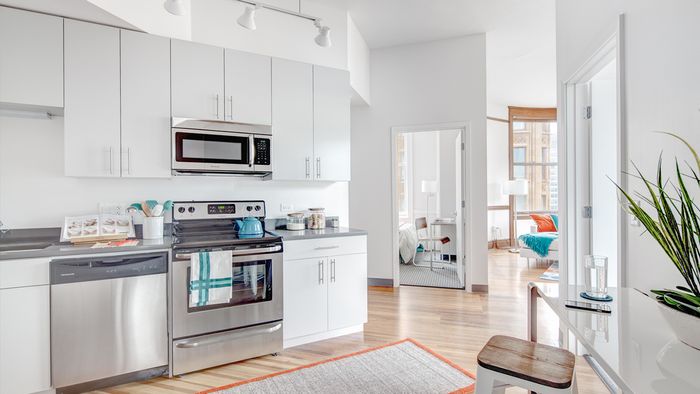 Kitchens with stainless steel appliances and utilities and finishes, apartments, Microwave, Stainless Steel, Stove, Oven