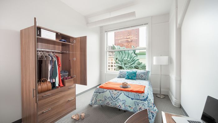 Spacious College Bedrooms, furnished with bed, desk, and chair, study, full size mattress