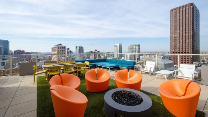 fire pit, TV, Chicago Skyline