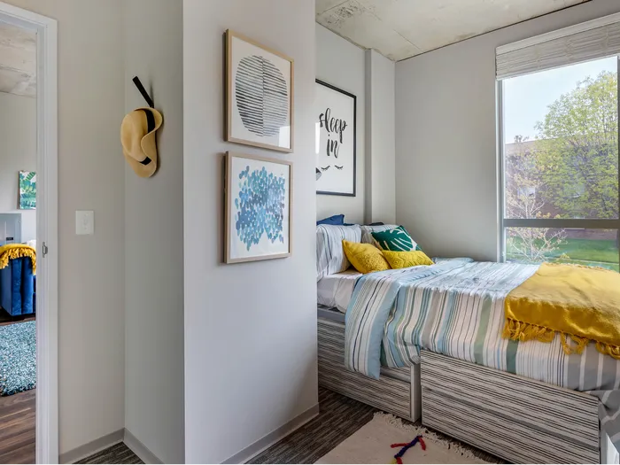 bed, memory-foam mattress, desk, chair, window