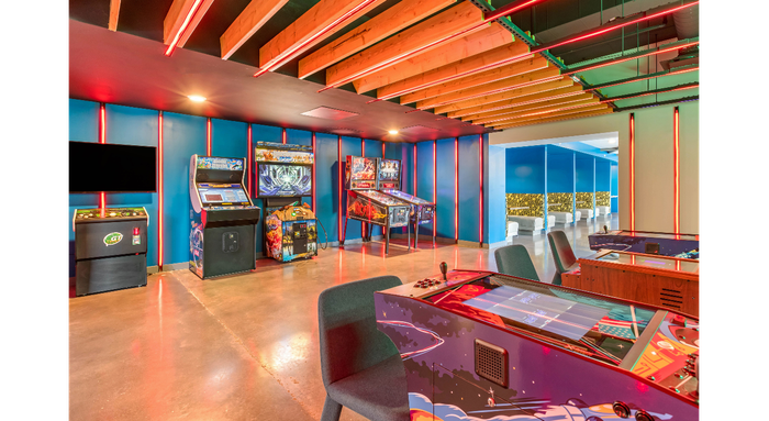arcade, game room, club house, games, neon, pinball, video games