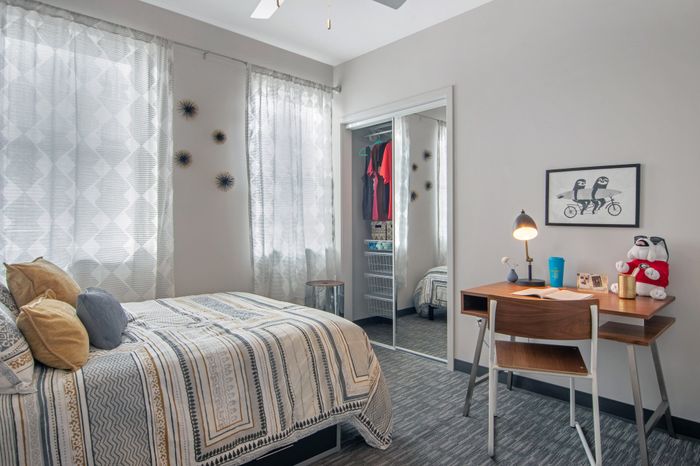 bed, desk, chair, closet, windows, bedroom