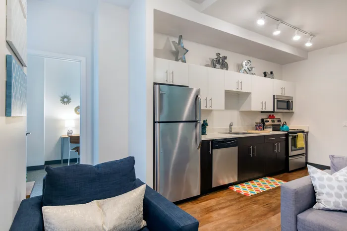 stainless steel appliances, stone countertops, kitchen, apartment