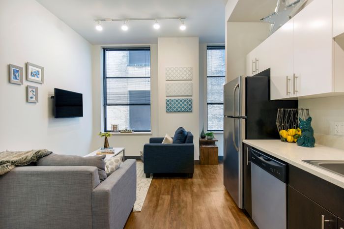 living room, tv, furniture, fully furnished, kitchen, open concept