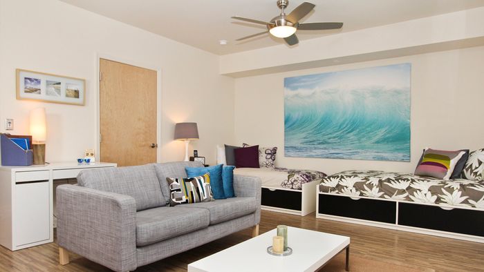 furnished with twin beds, desk, hardwood, couch, sofa