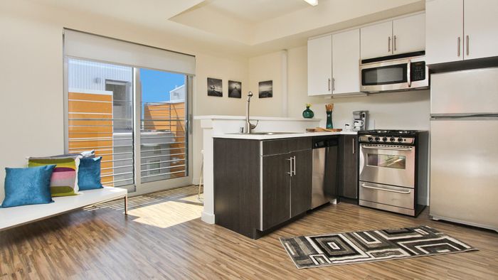 Kitchens with stainless steel appliances and utilities and finishes, apartments, Microwave, Stainless Steel, Stove, Oven, Counter, Stool