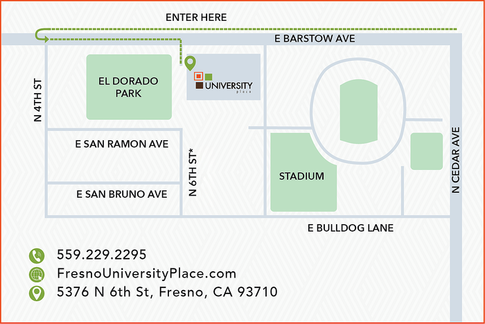 Dynamic map highlighting University Place's strategic location near El Dorado Park and a stadium in Fresno, CA, with easy access via major avenues.