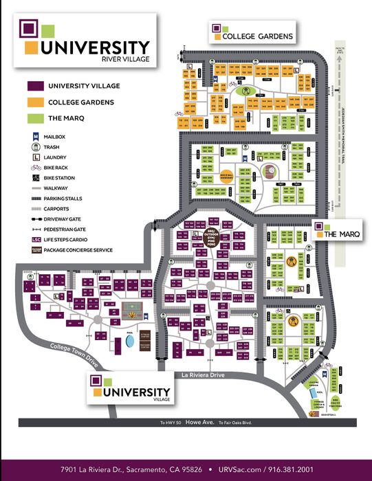 Vibrant University River Village map showcasing University Village, College Gardens, and The Marq, highlighting amenities like pools, bike stations, and cardio center.