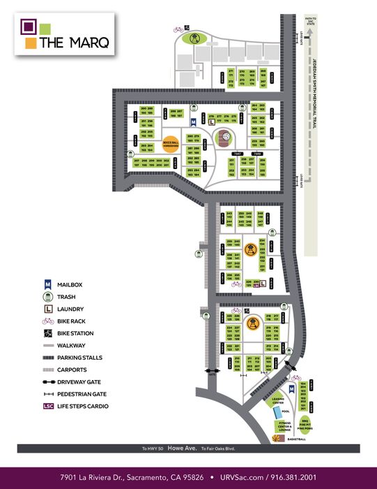 Vibrant site map of The Marq in Sacramento highlighting modern amenities including a pool, fitness center, laundry facilities, and bike racks, with easy access to Jeddah Smith Regional Trail.