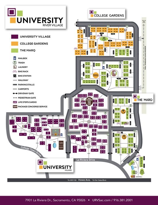 Detailed map of University River Village showcasing three distinct areas: University Village, College Gardens, and The Marq. Features amenities like a pool, basketball court, and spacious parking areas, with easy access to pedestrian and driveway gates.