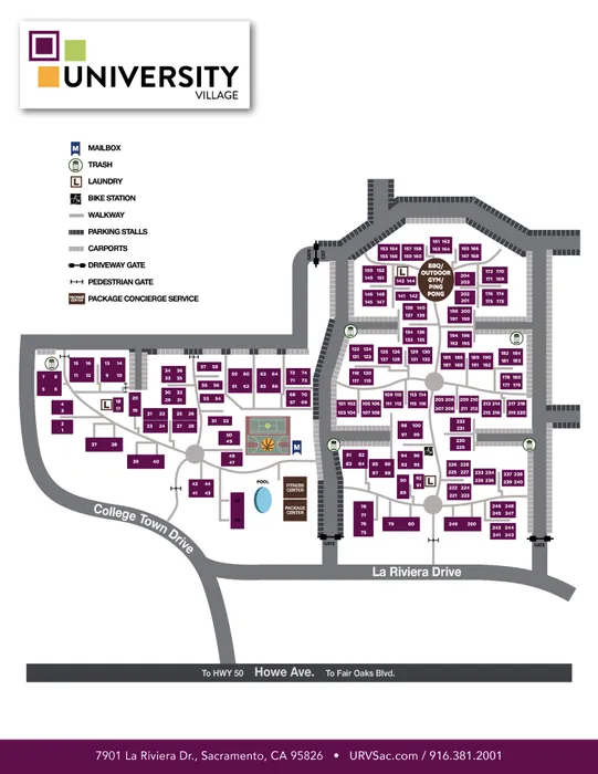 University Village map detailing residential layout with accessible amenities including a pool, fitness center, and package center, connected by well-planned walkways, ideal for convenient living in Sacramento.