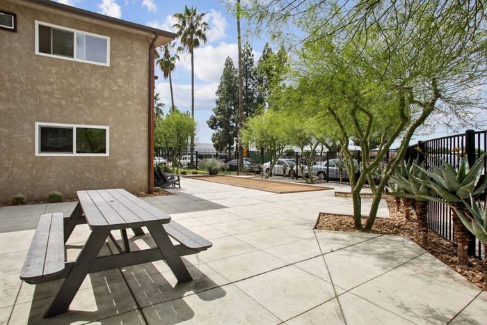 Charming outdoor patio with a picnic table, lush greenery, and a serene view of palm trees, perfect for relaxation and entertaining.