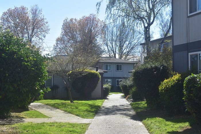 Charming apartment exterior with lush greenery, inviting pathways, and sunlit surroundings.