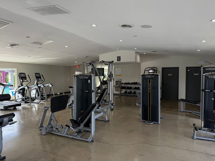 Modern fitness center with various exercise machines, bright natural lighting, and a spacious layout.