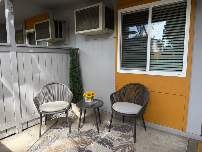 Charming patio area featuring two modern chairs, a small table with bright sunflowers, and a vibrant orange accent wall, perfect for relaxation.