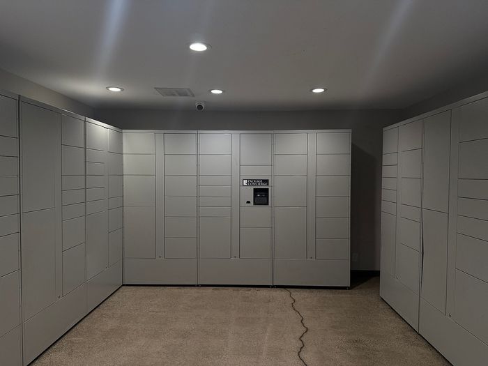 Modern indoor package locker room with sleek design and ample storage, ideal for secure mail management in residential settings.