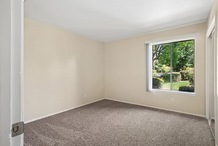Bright and inviting empty room with plush carpet, large window offering a beautiful garden view, and neutral walls ready for personalized styling.