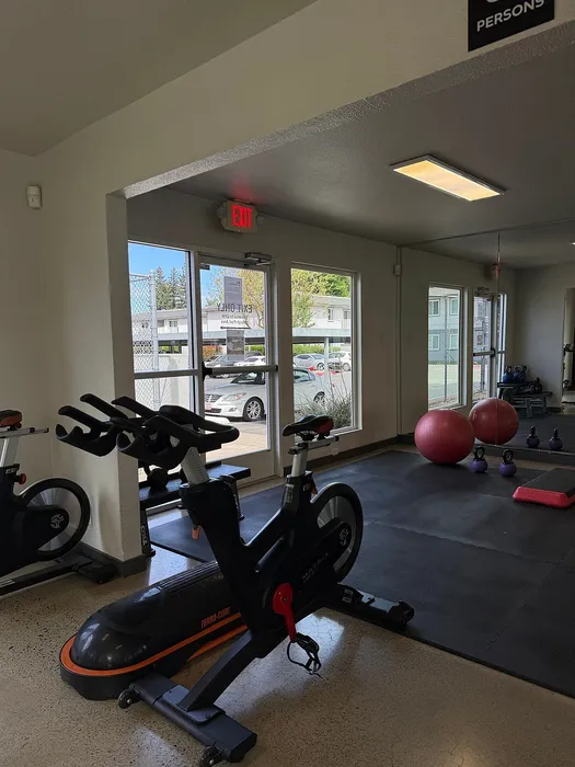 Modern fitness room with a stationary bike, exercise equipment, and large windows allowing natural light.
