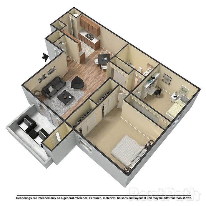 Inviting 3D floor plan with two cozy bedrooms, open-concept living and dining area, modern kitchen, and private balcony space.
