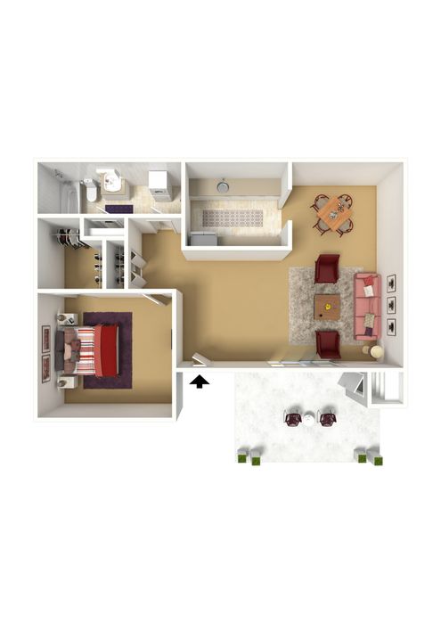 Cozy 1-bedroom floor plan featuring a modern living area, compact kitchen, and outdoor patio space.