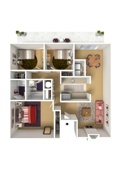 Elegant 3D floor plan showcasing three spacious bedrooms, cozy living room, modern kitchen, and stylish dining area with patio access.
