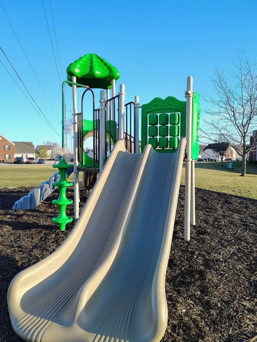 Vibrant playground featuring green and tan slides under a clear blue sky, surrounded by grassy fields.