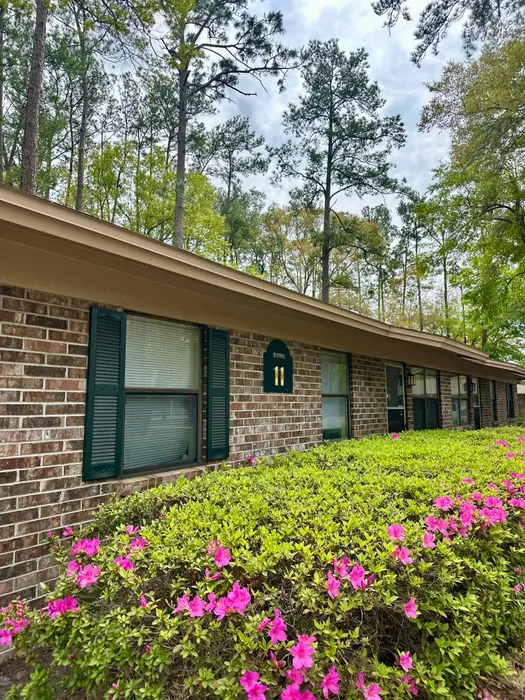Charming brick apartment with vibrant pink flowers and lush green shrubs under a serene canopy of tall trees.