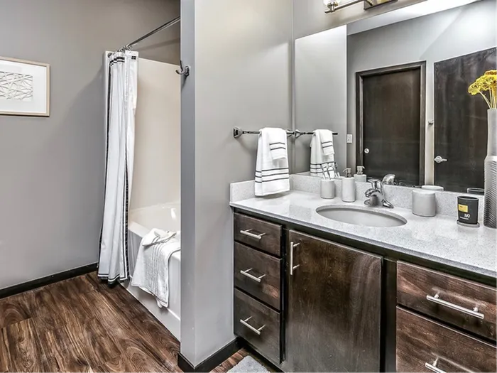 Spacious Bathroom w/ Stunning Wood Finishes