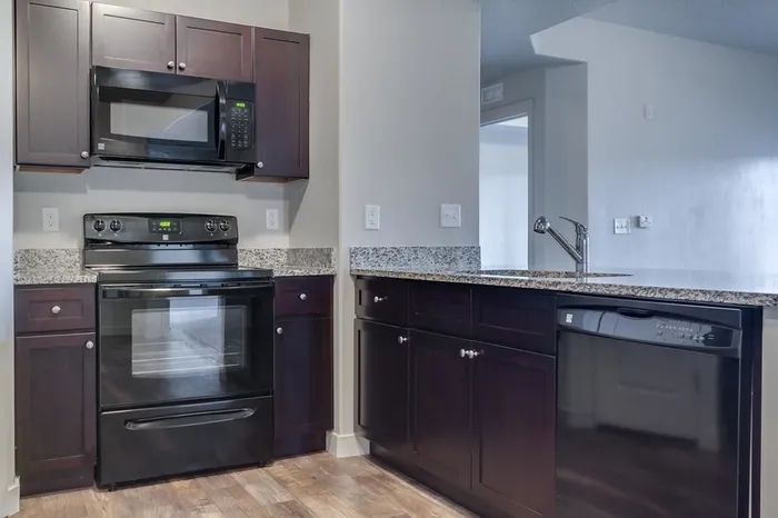 Kitchen area showing microwave, stove, oven, dishwasher, and double basin sink with pull out faucet.
