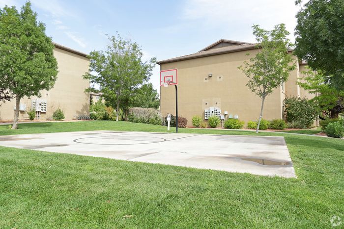Cement Basketball Half-Court surrounded by large grass space