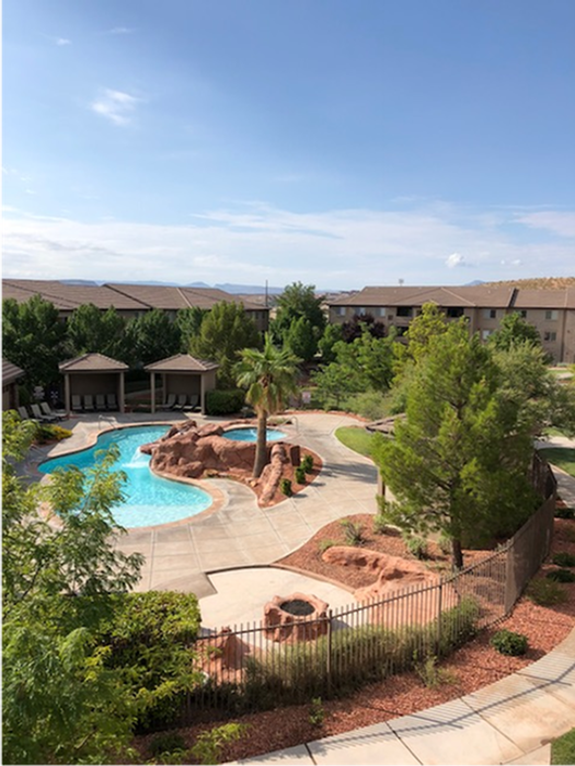 Overhead view of the pool and fire-pit