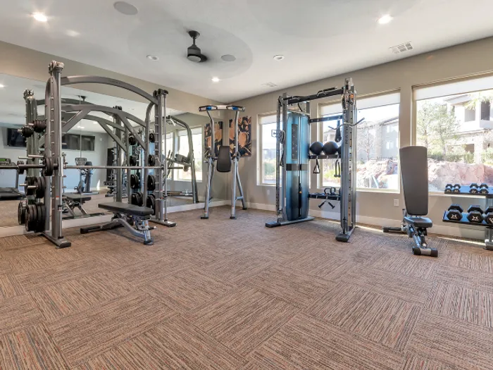 Fitness center with functional barbell, pull-up, and pulley machines