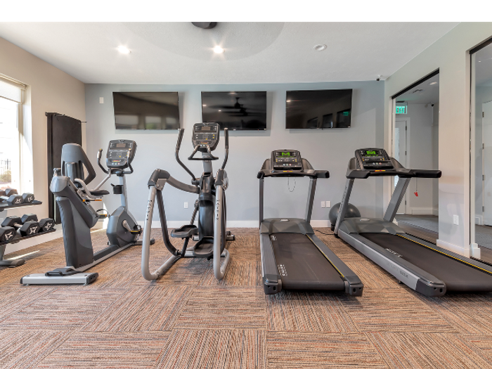 Fitness Center yoga mats, 3 televisions, barbells, cycle, elliptical, and two treadmills