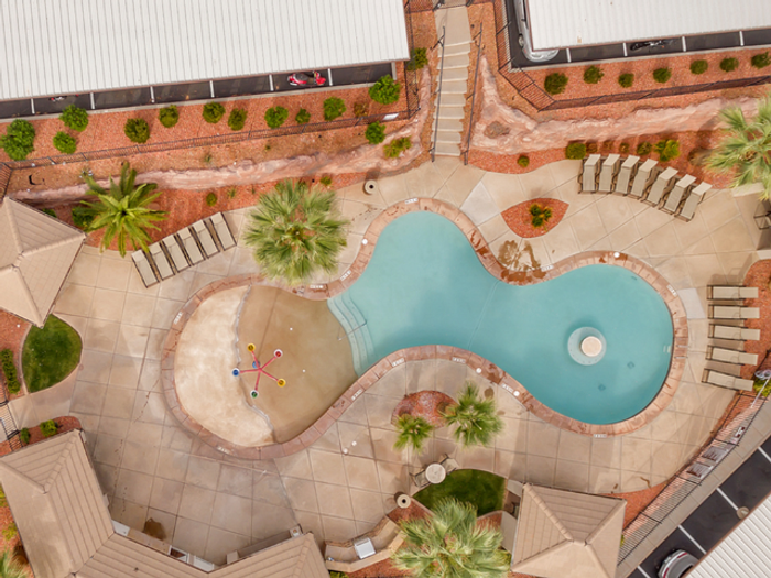 Aerial View of Lower Pool with splash pad and beach entry