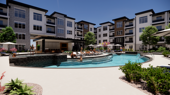 Large pool with covered seating area and attached hot tub