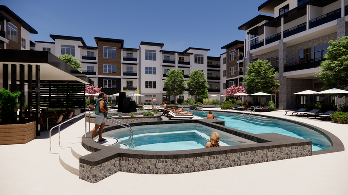 Hot tub with views of lounge chairs and covered seating area