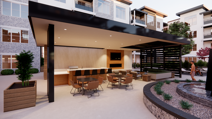 Large covered Pool Paviliion with seating areas, cooking station, fireplace and Tv lounging area..