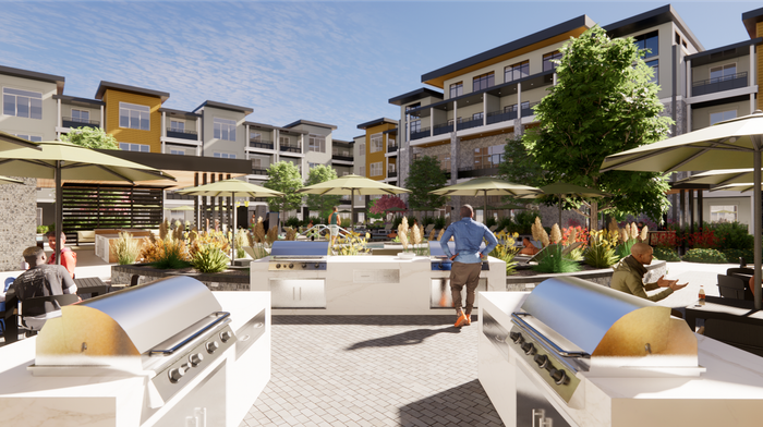 2 Bedroom Apartments in American Fork, UT - Elevate at 620 - Outdoor Grilling Stations with Umbrella Tables and Chairs.