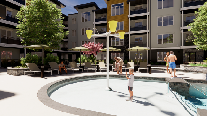 Shallow area splash pad connected to the swimming pool