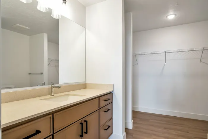 Brighton 2x2 Bathroom Counters with large mirror and an attached closet