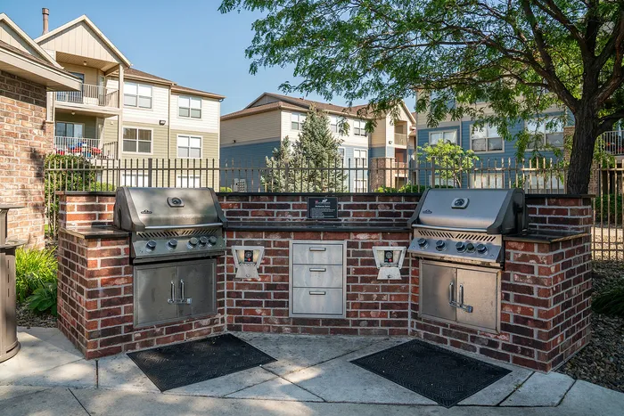 Inviting outdoor grill area with modern appliances and brickwork, nestled in a picturesque apartment community.