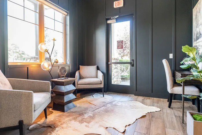 Chic and cozy apartment lounge featuring modern armchairs, stylish lighting, and a natural fiber rug. Bright window and subtle decor create an inviting atmosphere.