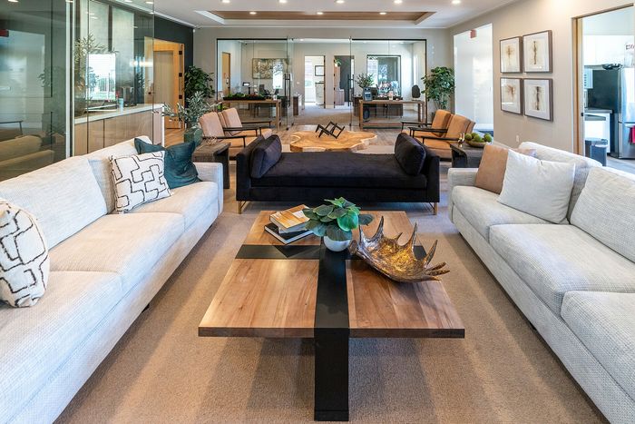Elegant apartment space featuring a modern open-concept living area with stylish sofas, chic decor, and a spacious work-friendly environment.